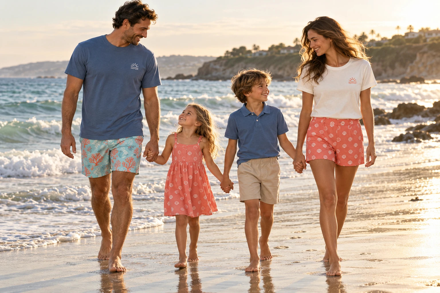 Family beach campaign concept showing Daymauro coastal tees, shorts, polo and shell-print dress