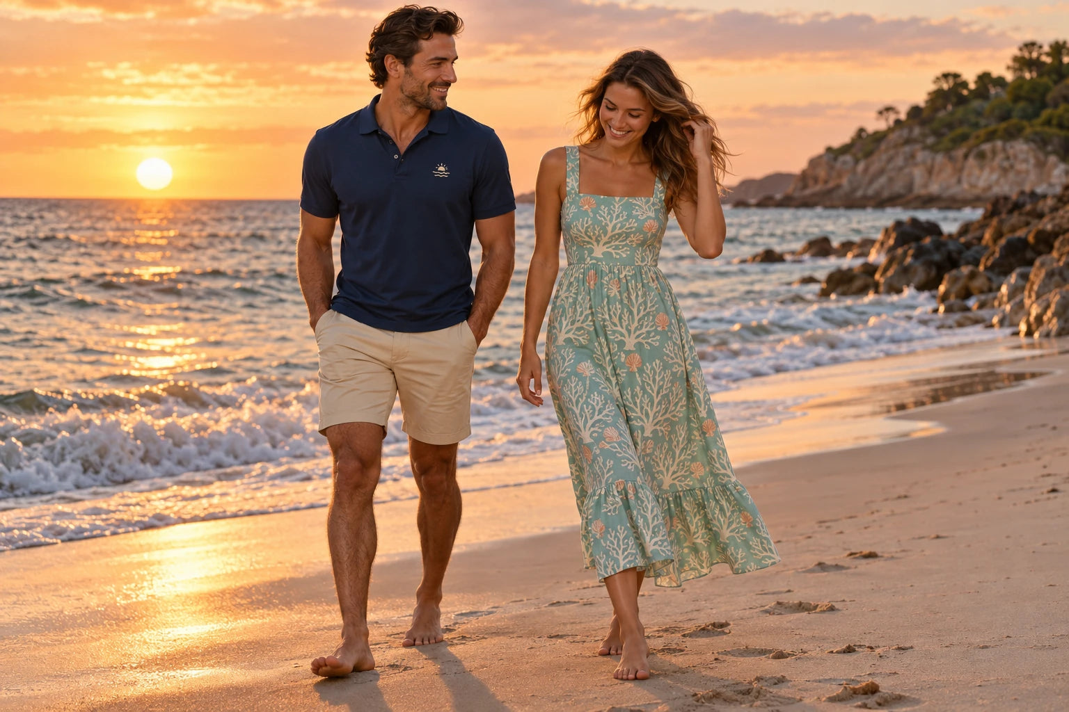 Beach campaign concept with navy polo, beige shorts and a seafoam coral-print sundress