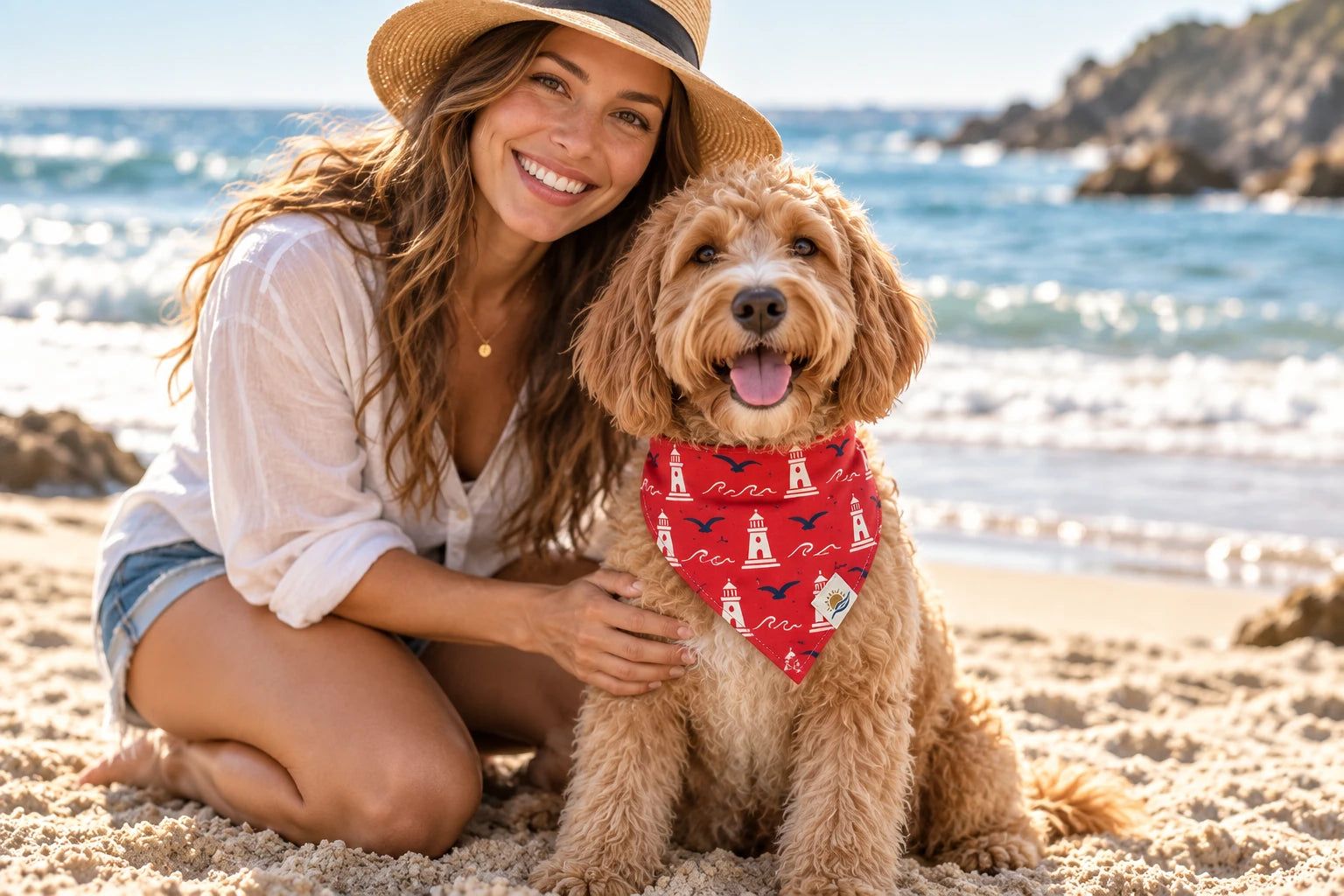 Daymauro Beacon Red Bandana shown in use with a dog; AI-generated design concept