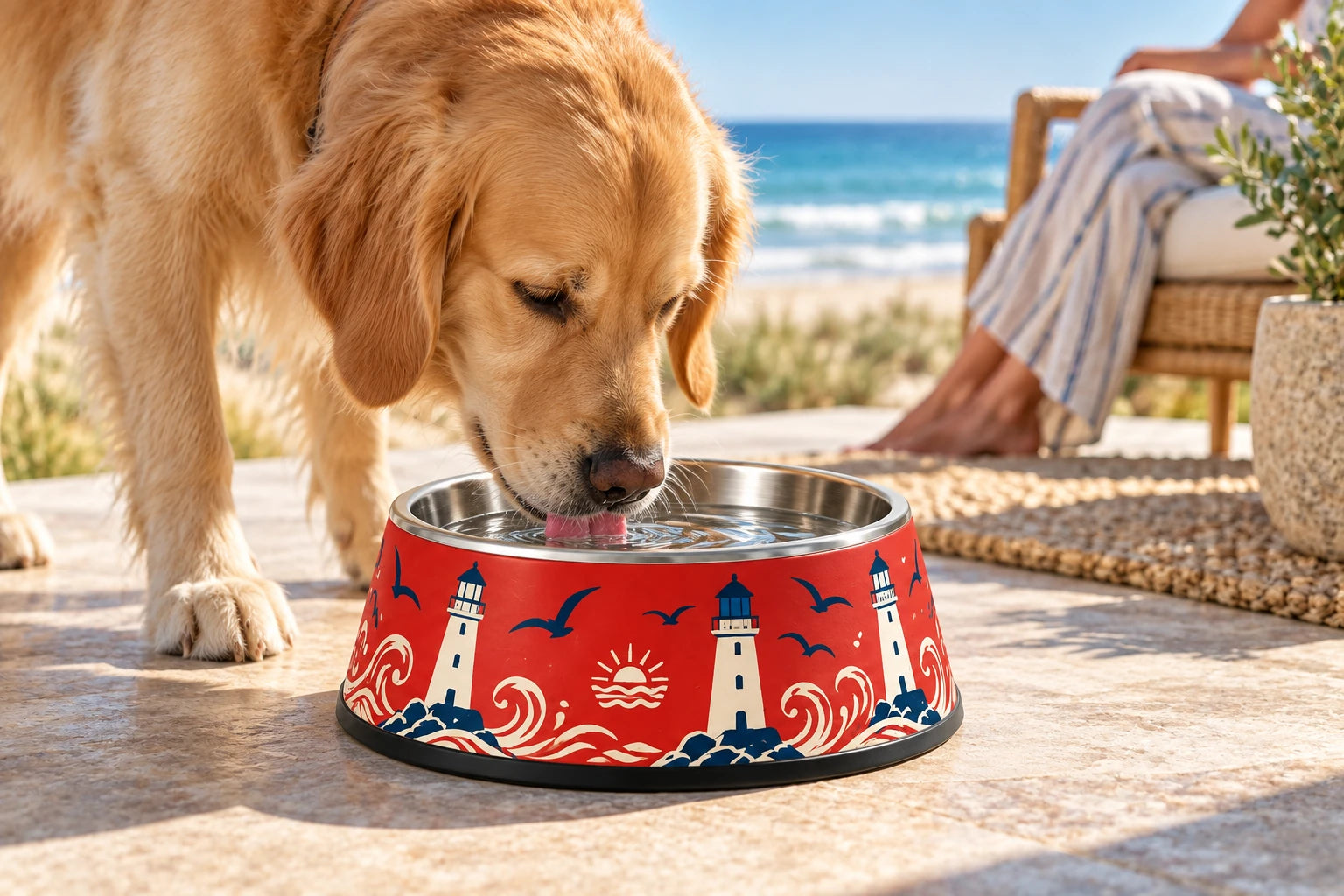 Daymauro Beacon Red Bowl shown in use with a dog; AI-generated design concept