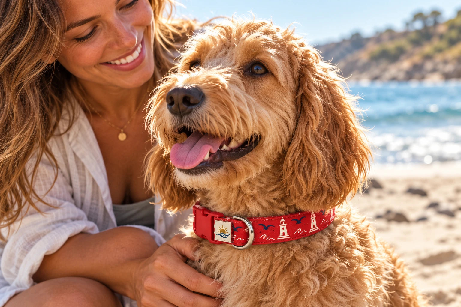 Daymauro Beacon Red Collar shown in use with a dog; AI-generated design concept