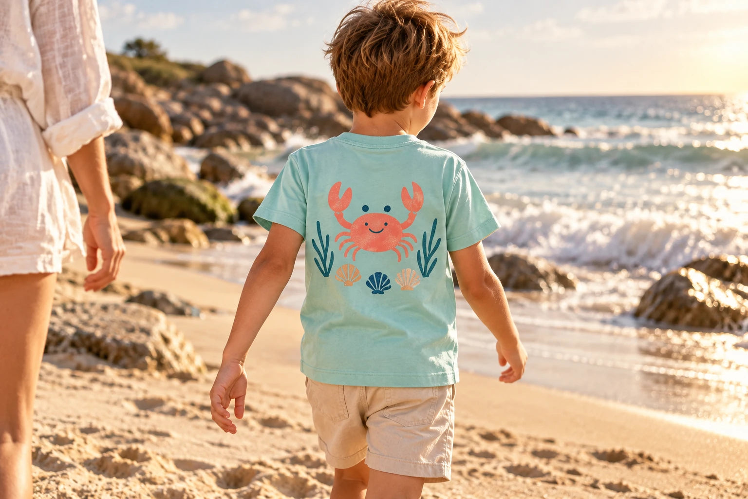 Daymauro Crab Crew worn by a model at the beach; AI-generated design concept