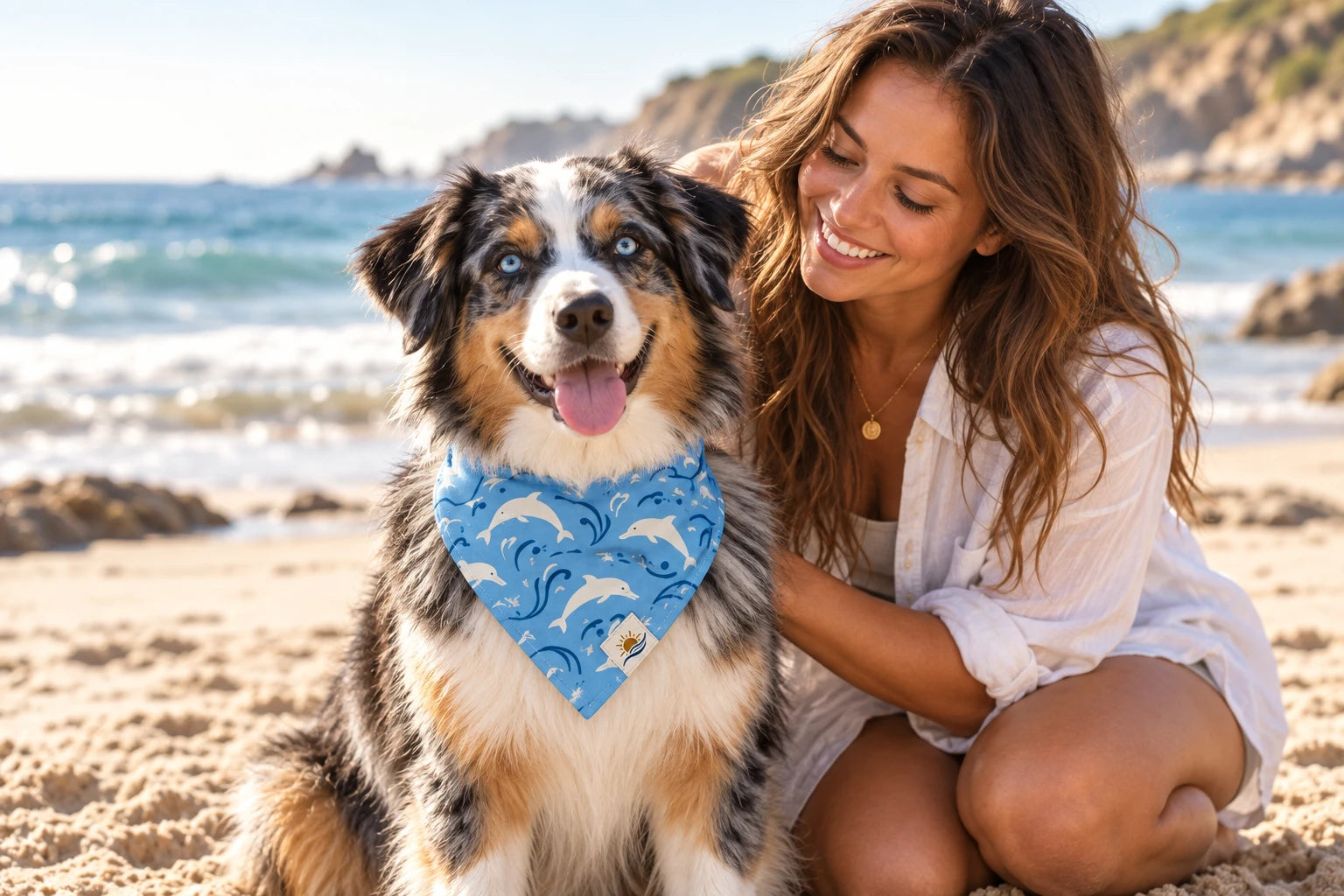 Daymauro Dolphin Days Bandana shown in use with a dog; AI-generated design concept