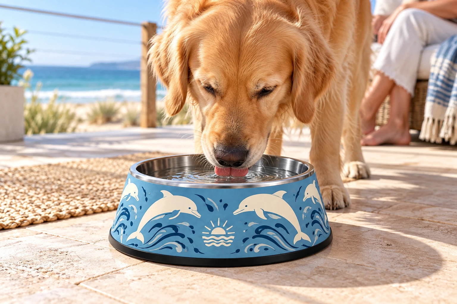 Daymauro Dolphin Days Bowl shown in use with a dog; AI-generated design concept