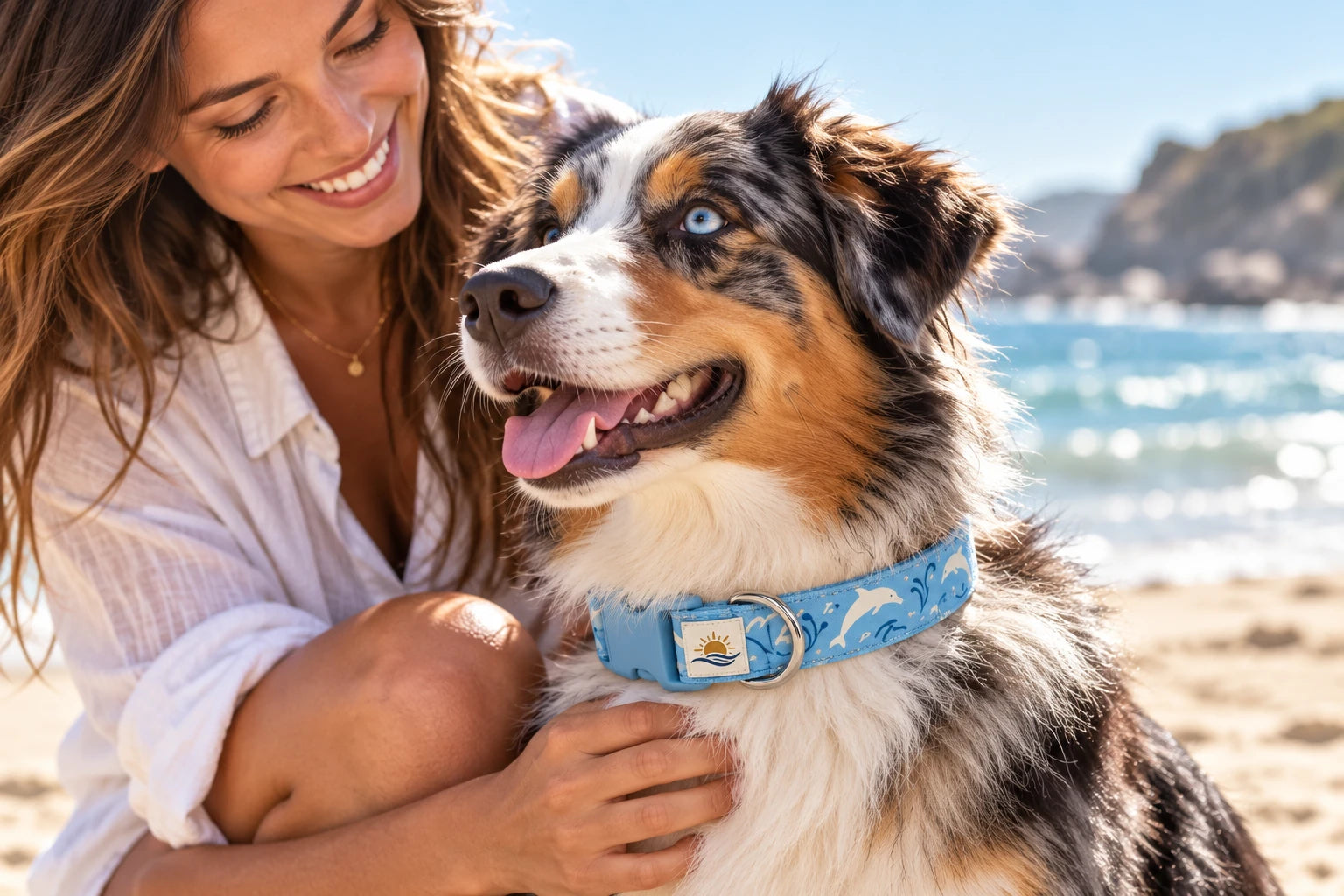 Daymauro Dolphin Days Collar shown in use with a dog; AI-generated design concept