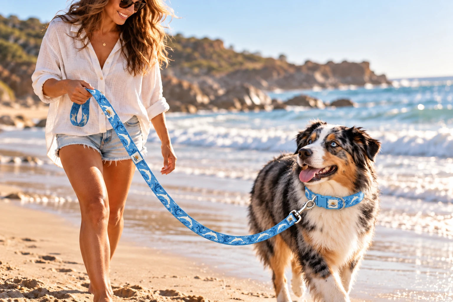 Daymauro Dolphin Days Leash shown in use with a dog; AI-generated design concept
