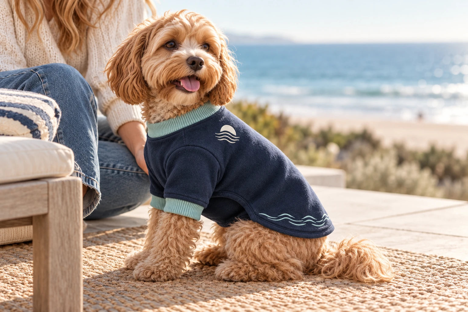 Daymauro Harbor Cozy shown in use with a dog; AI-generated design concept