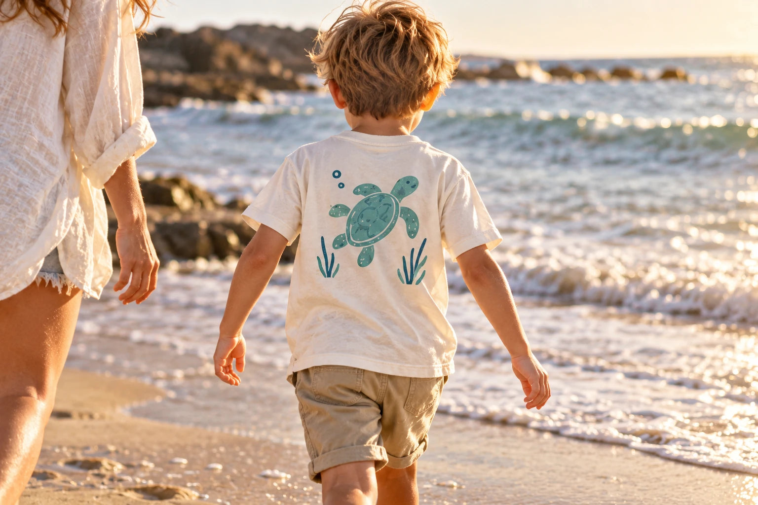 Daymauro Little Current worn by a model at the beach; AI-generated design concept