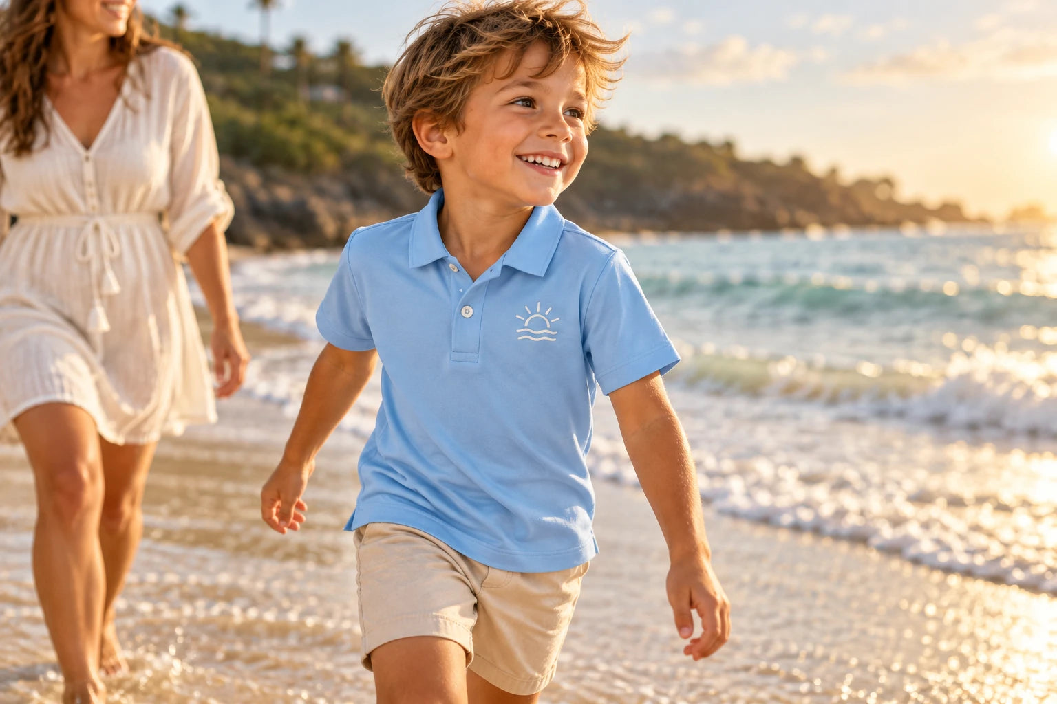 Daymauro Little Harbor worn by a model at the beach; AI-generated design concept