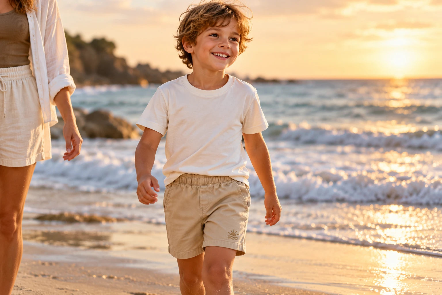 Daymauro Little Sandbar worn by a model at the beach; AI-generated design concept