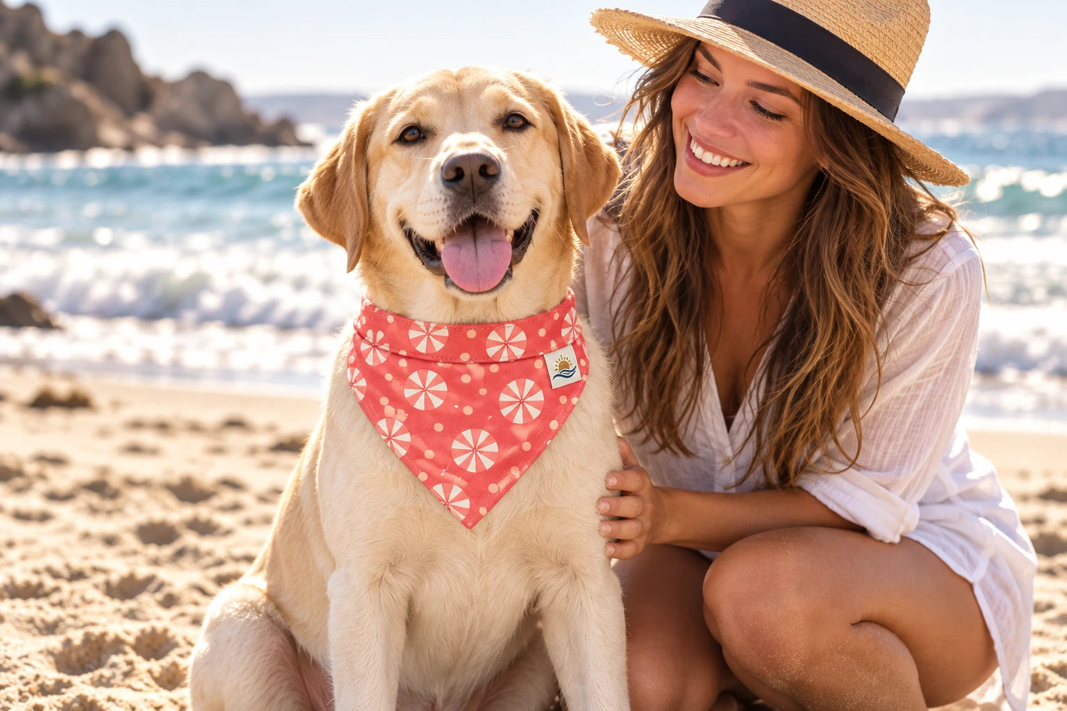 Daymauro Shade Seeker Bandana shown in use with a dog; AI-generated design concept