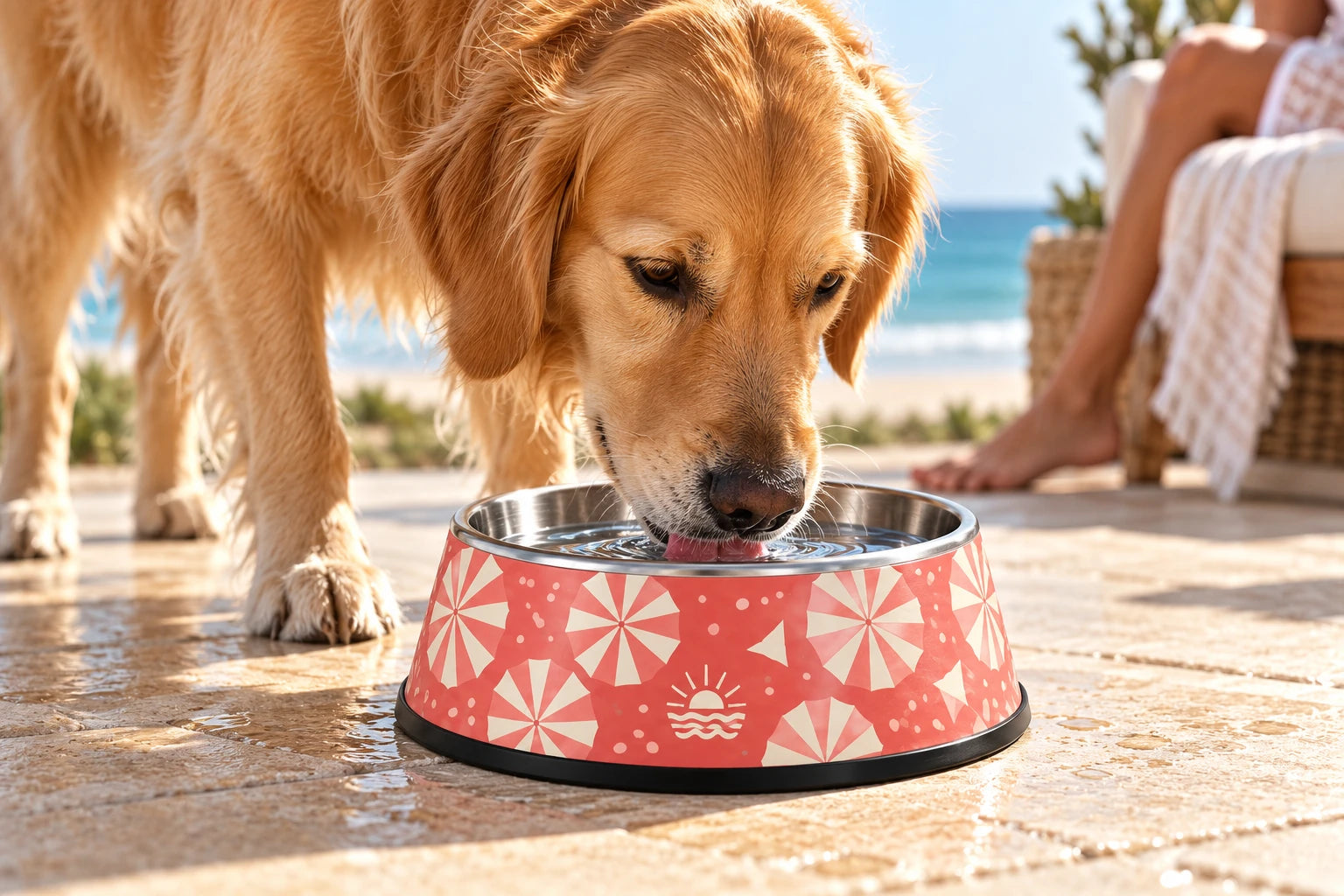 Daymauro Shade Seeker Bowl shown in use with a dog; AI-generated design concept
