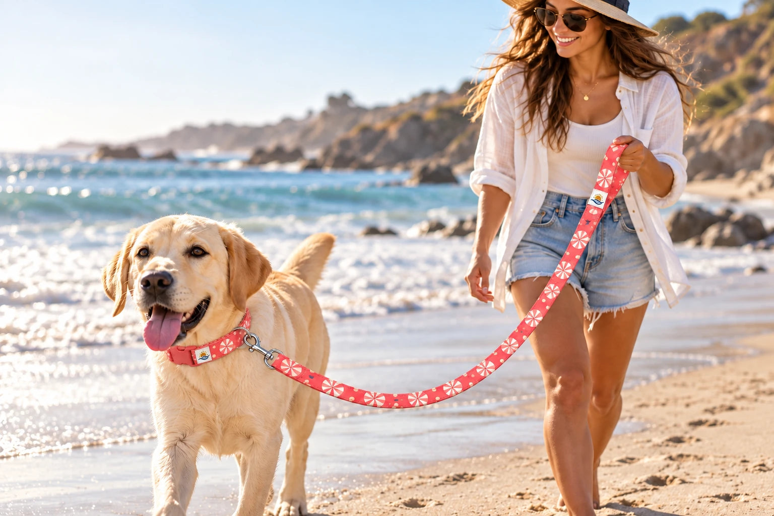 Daymauro Shade Seeker Leash shown in use with a dog; AI-generated design concept