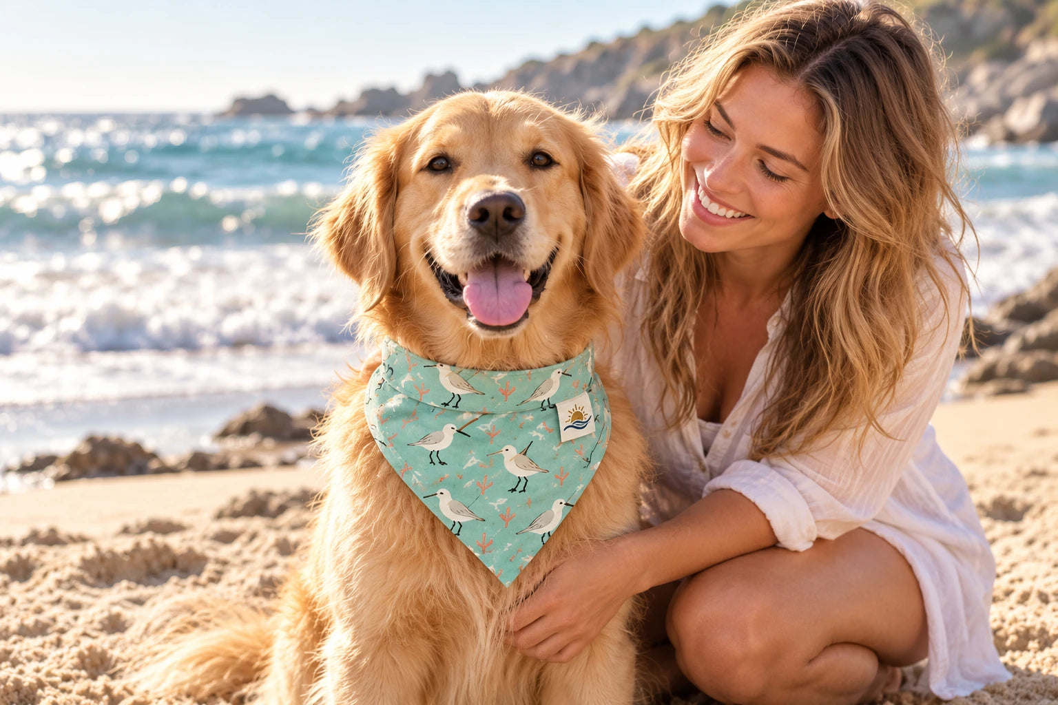 Daymauro Shorebird Bandana shown in use with a dog; AI-generated design concept