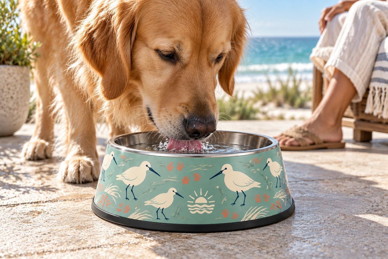 Daymauro Shorebird Bowl shown in use with a dog; AI-generated design concept
