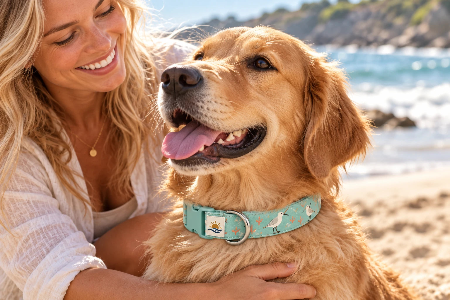 Daymauro Shorebird Collar shown in use with a dog; AI-generated design concept