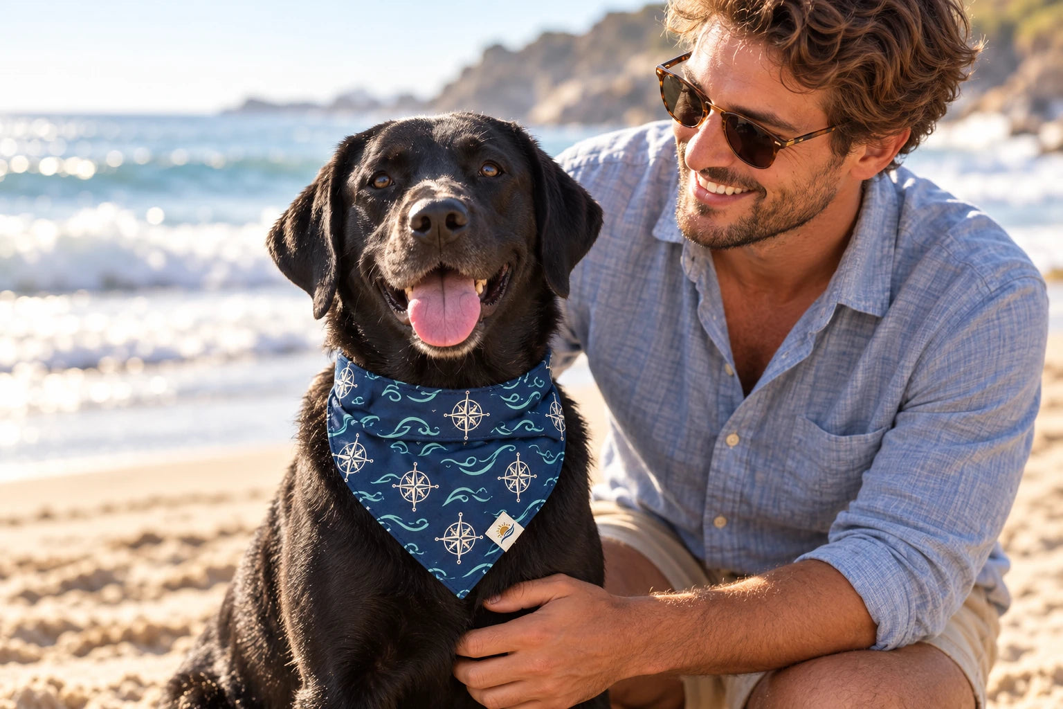Daymauro True North Bandana shown in use with a dog; AI-generated design concept
