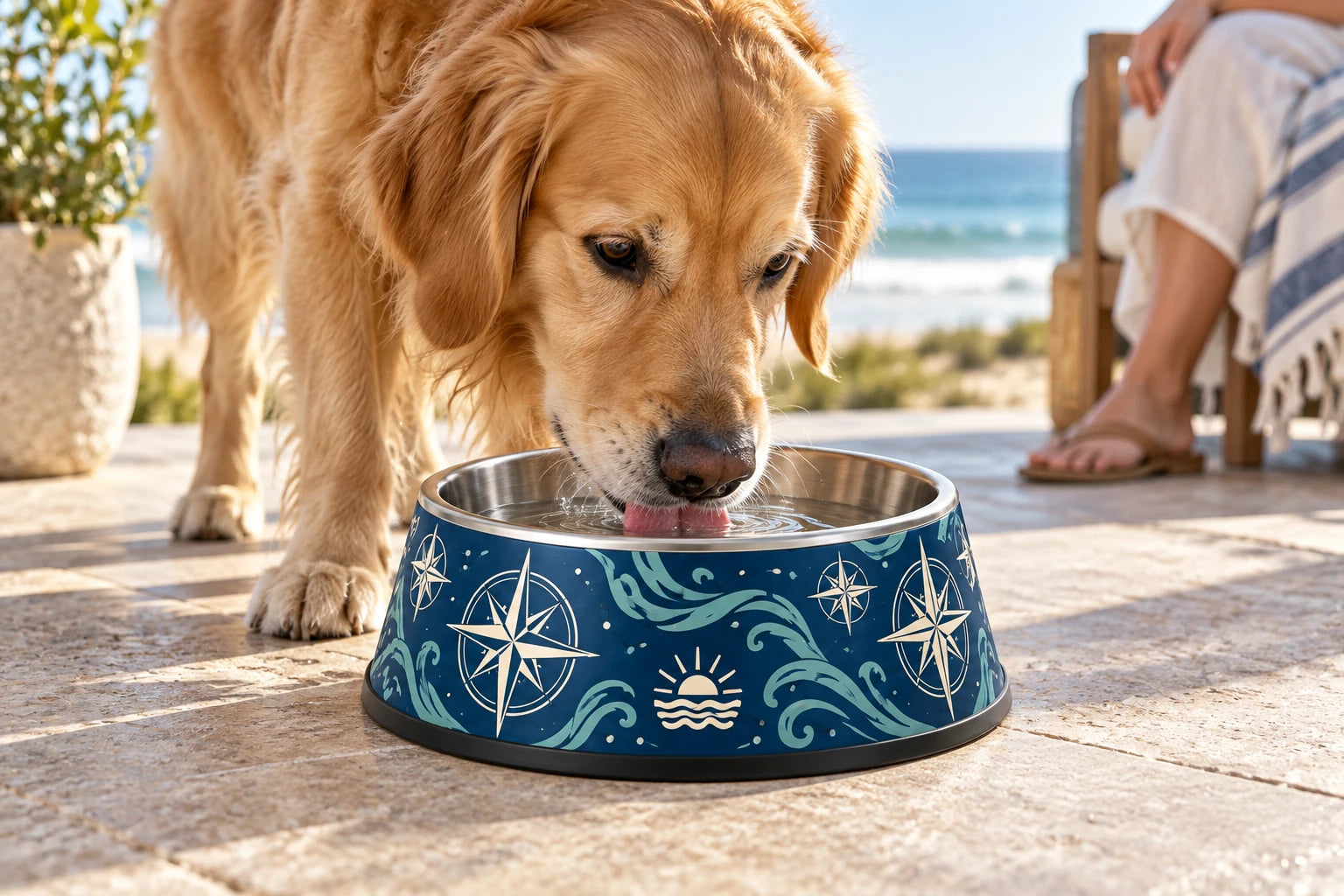 Daymauro True North Bowl shown in use with a dog; AI-generated design concept