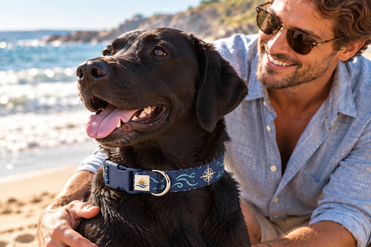 Daymauro True North Collar shown in use with a dog; AI-generated design concept
